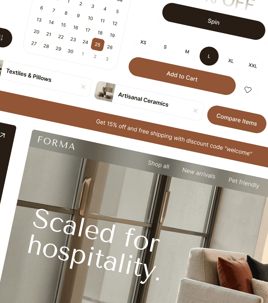 Collage af e-handels-webinterfacekomponenter, herunder kalender, størrelsesvælger og banner.