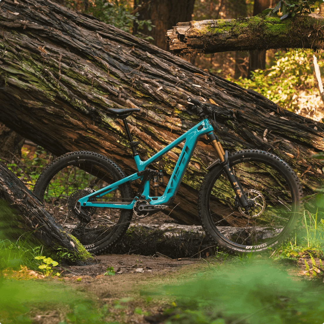 Turkis fuldaffjedret mountainbike fra Yeti Cycles med DT Swiss-hjul på et jordstier i skoven