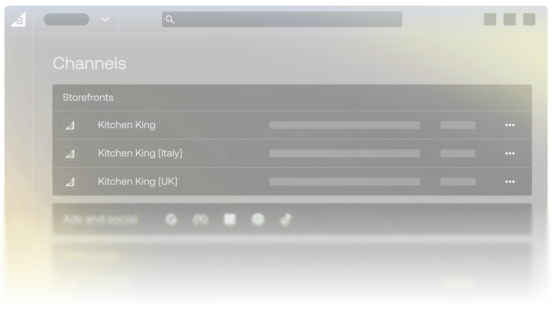 BigCommerce-kanaler-menu, der viser regionale storefront-oversigter for Kitchen King