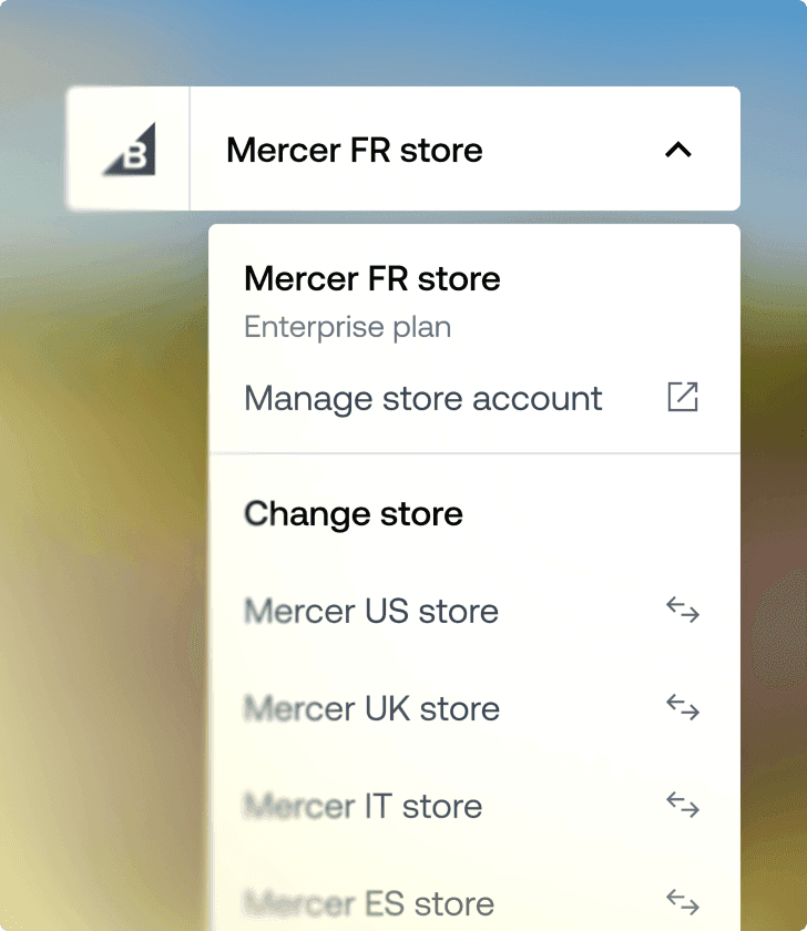 Rullemenu til valg af flere butikker, der viser Mercer FR-butikken og indstillinger til skift mellem internationale butikker.
