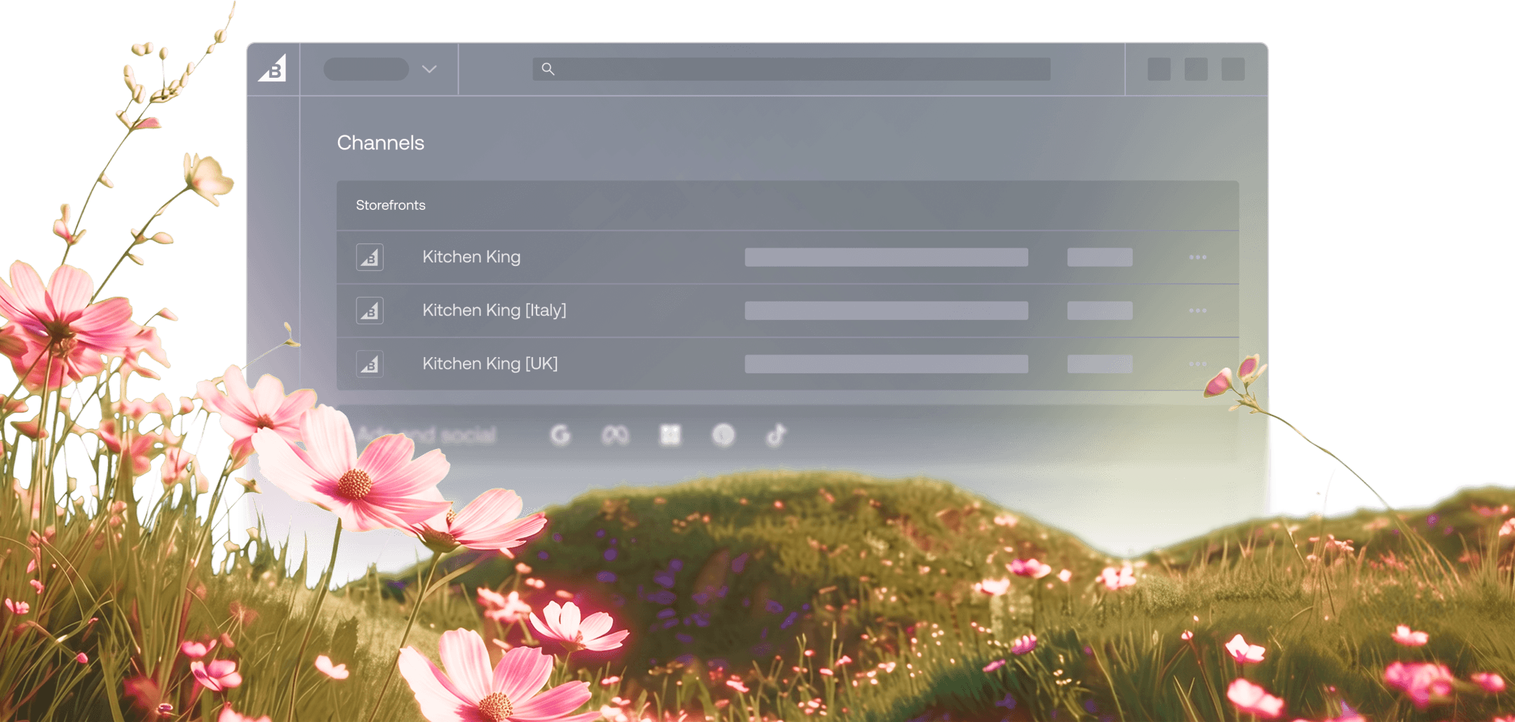 Dashboard til styring af storefront-kanaler med en liste over regionale storefront, herunder Kitchen King Italien og UK.