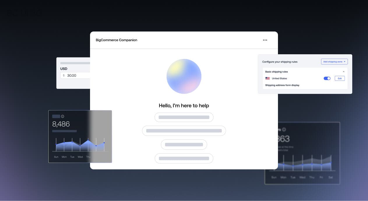 BigCommerce Companion interface featuring starter prompts and a gradient sphere logo.
