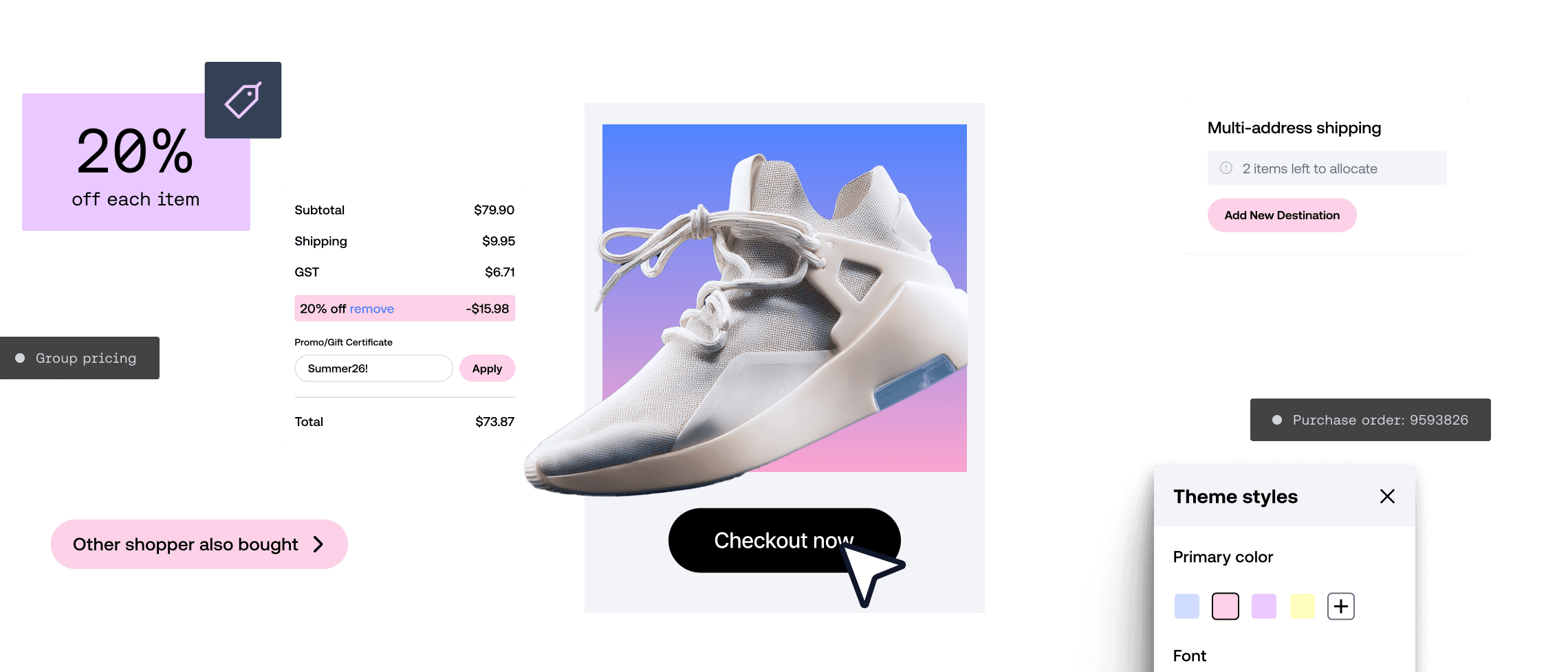 E-handels-checkoutside, der viser en hvid sneaker, detaljer om rabatkode og temafarvemuligheder.