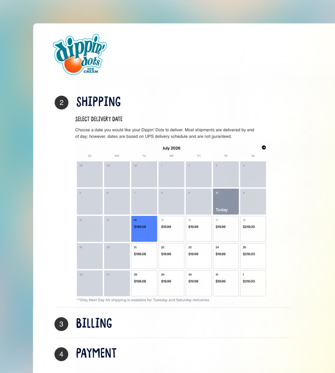 Dippin' Dots online checkout-skærm, der viser forsendelseskalender til valg af leveringsdato i juli.