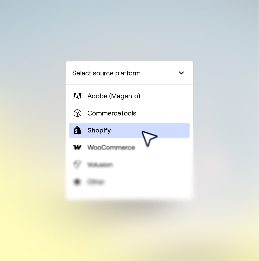 Rullemenu til valg af kildeplatform under datamigrering med Shopify fremhævet