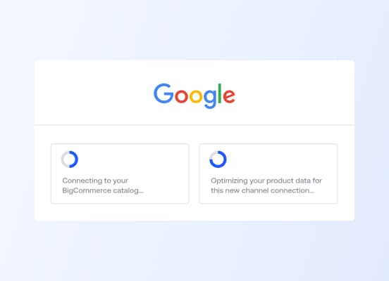 En brugerflade, der viser to indlæsningsskærme til oprettelse af forbindelse til et BigCommerce-katalog og optimering af produktdata til Google.