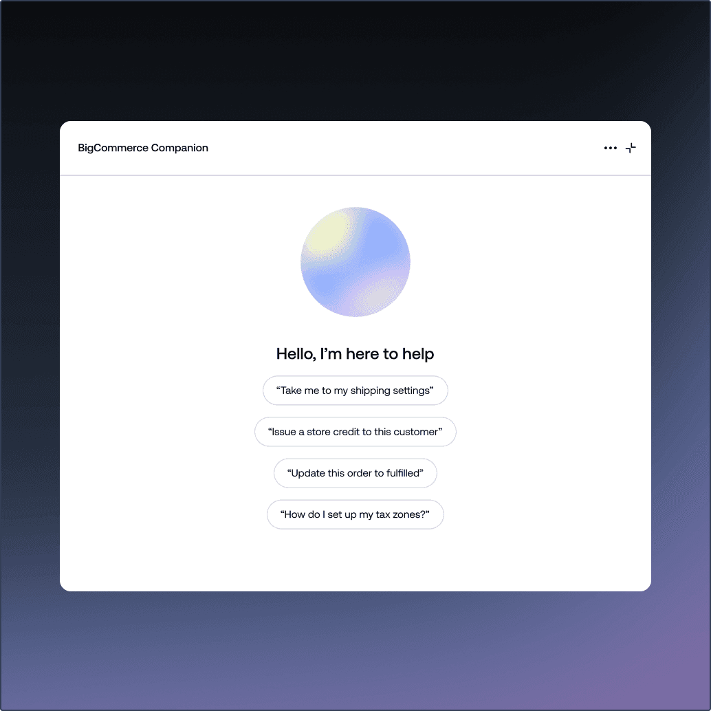 Grænseflade for BigCommerce Companion AI-assistenten, der viser prompt-forslag på et modalkort.