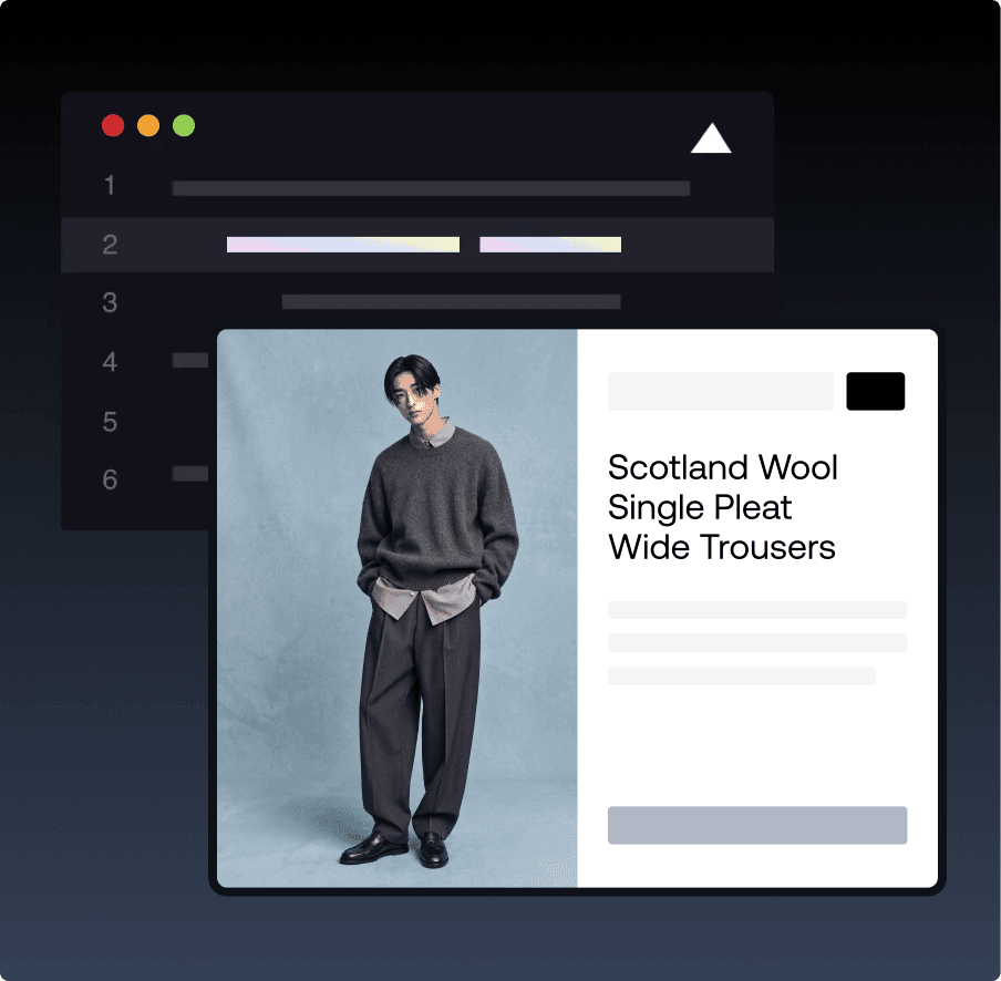 E-handels-web-UI med tøjet Scotland Wool Wide Trousers og bagvedliggende kodeelementer
