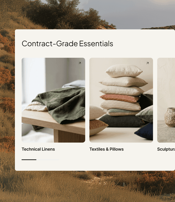 Kategorilayout for Contract-Grade Essentials, der viser kort for teknisk linned, tekstiler og puder.