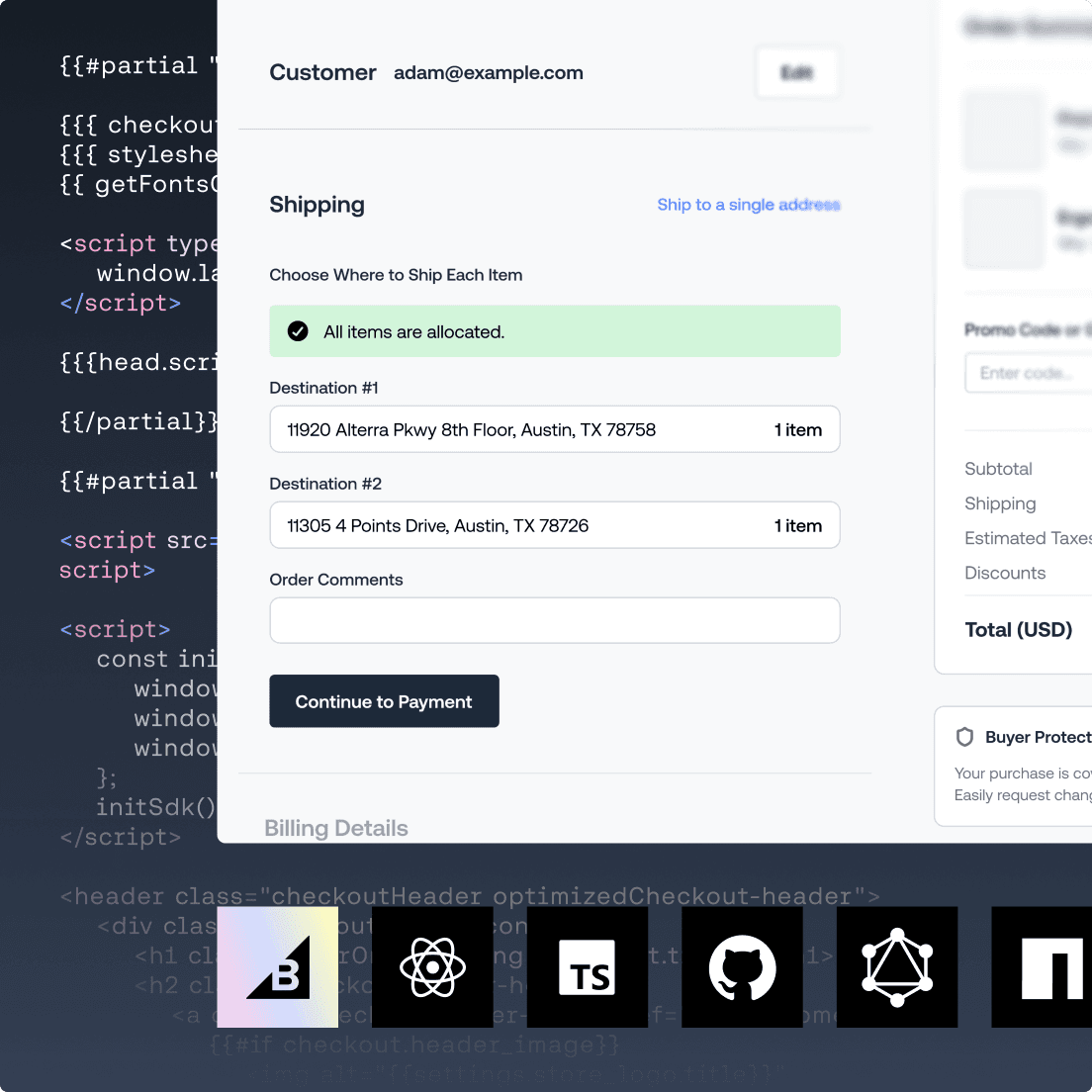 BigCommerce checkout-flow, der viser forsendelsesdetaljer for flere adresser, kode-overlay og logoer for tech-økosystemet