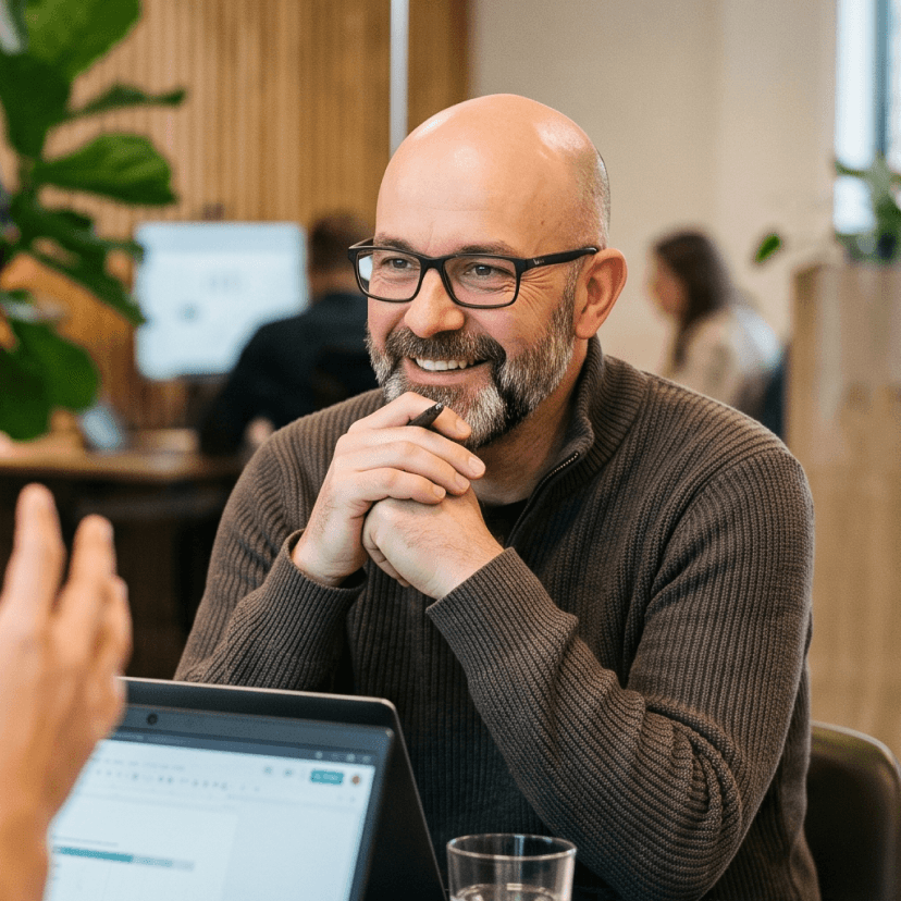 Smilende mand med briller og skæg, der læner sig frem under en moderne kontordiskussion med en kollega.