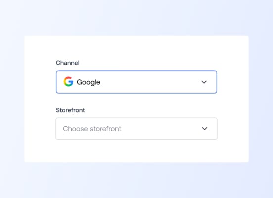 En brugerflade, der viser en rullemenu til valg af en e-handelskanal, hvor Google er valgt.