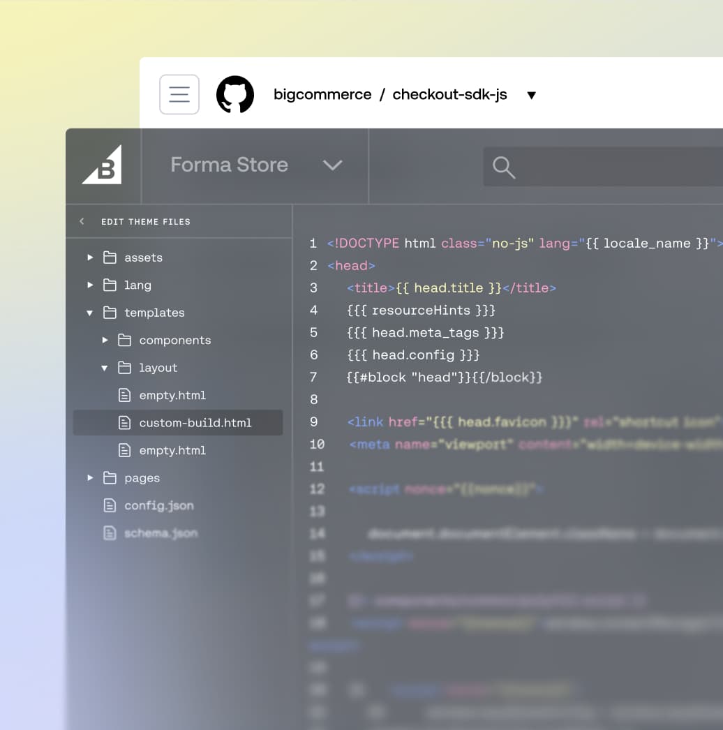 BigCommerce checkout SDK-kodeditor, der viser HTML-skabelonfiler og et brugerdefineret build-mappetræ.