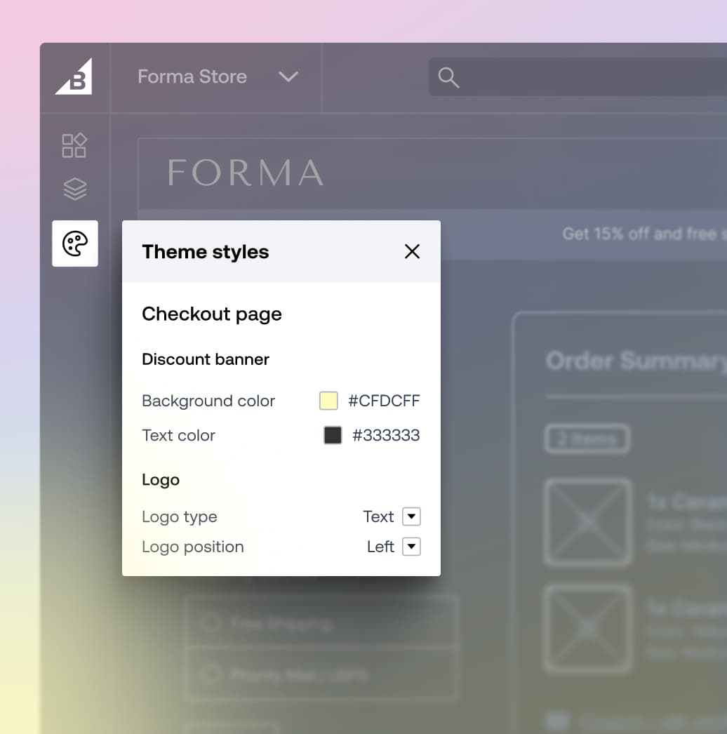 Contentful e-handels-temastilindstillinger, der viser baggrunds- og tekstfarvemuligheder for en menu på betalingssiden.