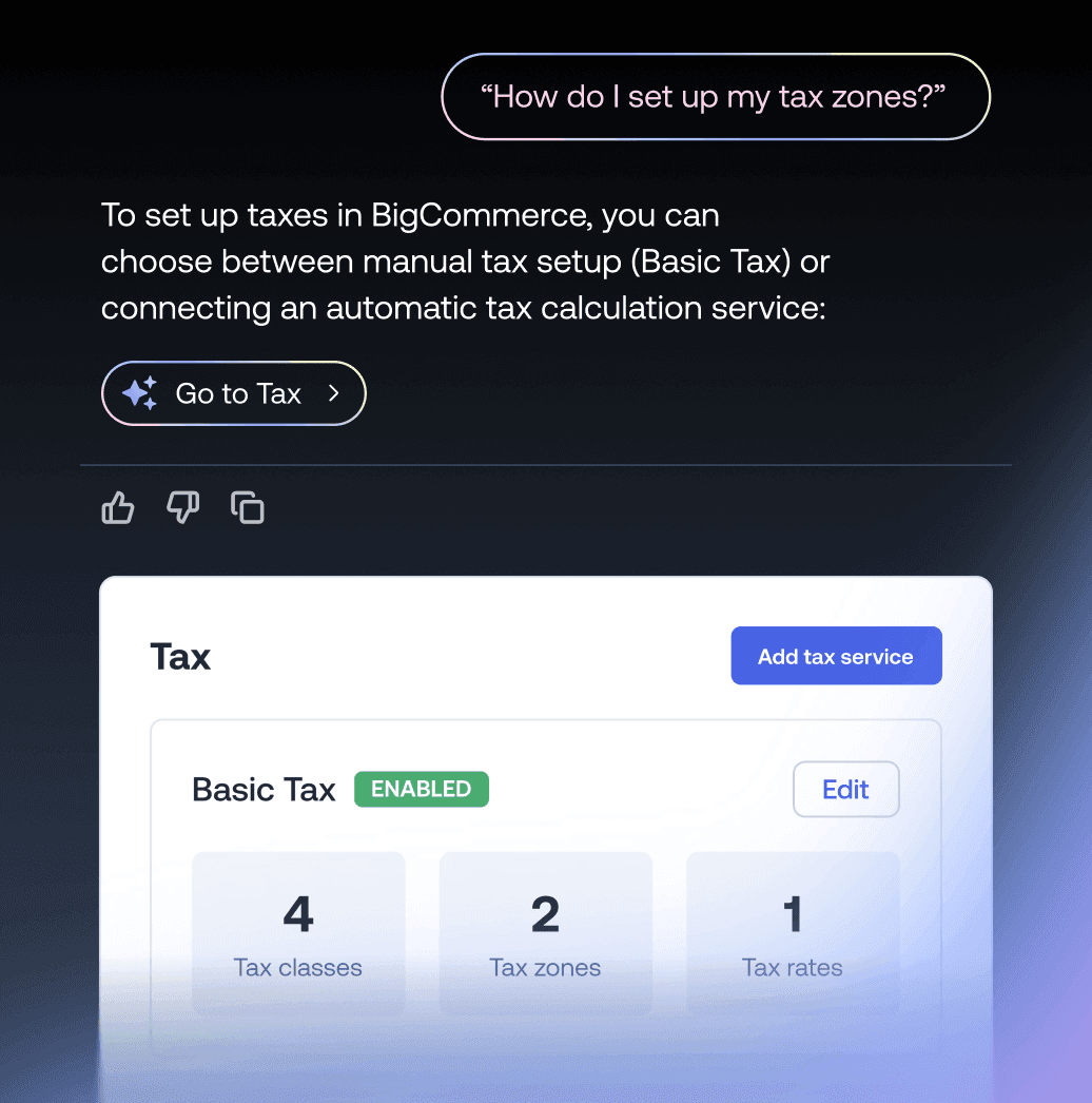 BigCommerce skatteopsætningschatskærm, der viser grundlæggende skattekonfiguration med skatteklasser og -zoner